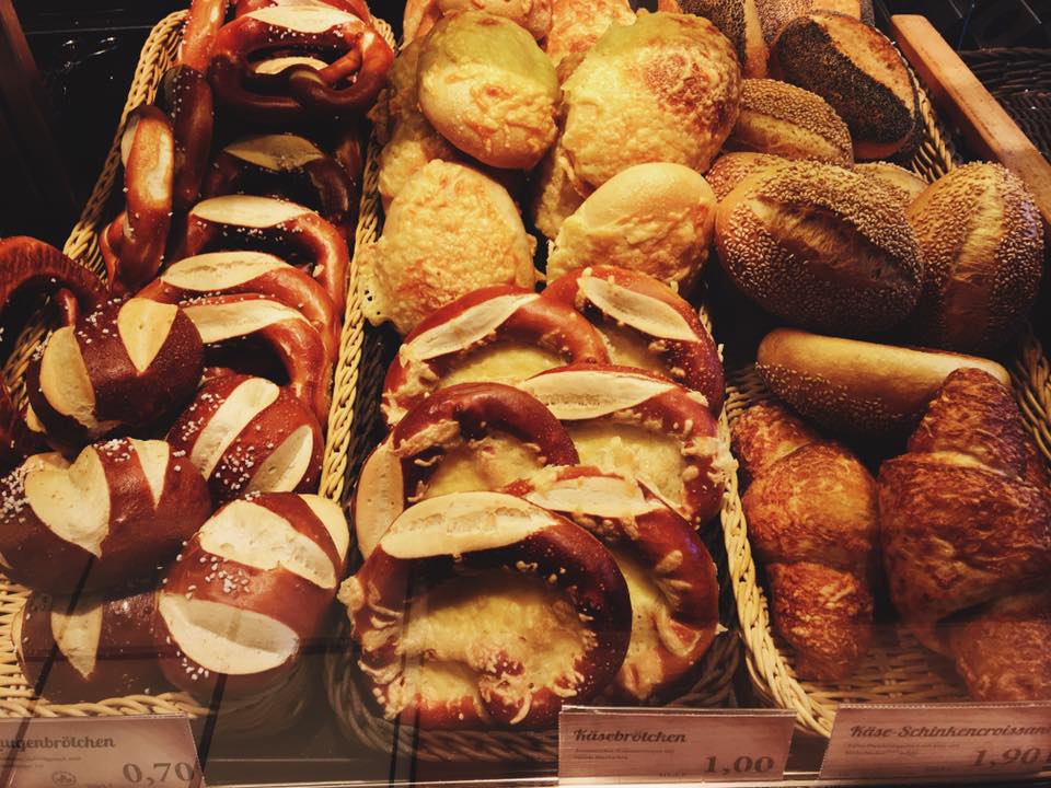 display of fresh bread in baskets