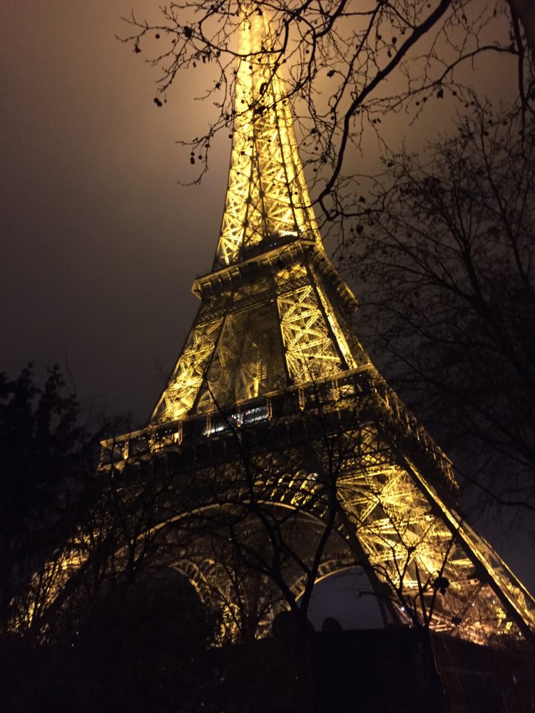 eiffel tower lit up at night
