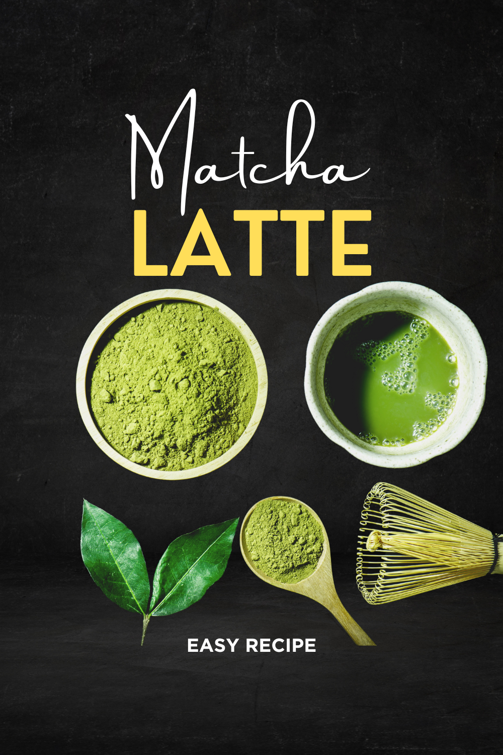 A bowl of matcha powder set beside a cup of a matcha infused beverage.