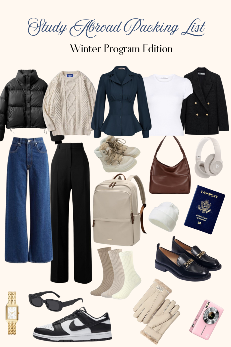 Collage of items recommended to pack including women's style jackets, pants, bags, shoes, accessories, and passport.